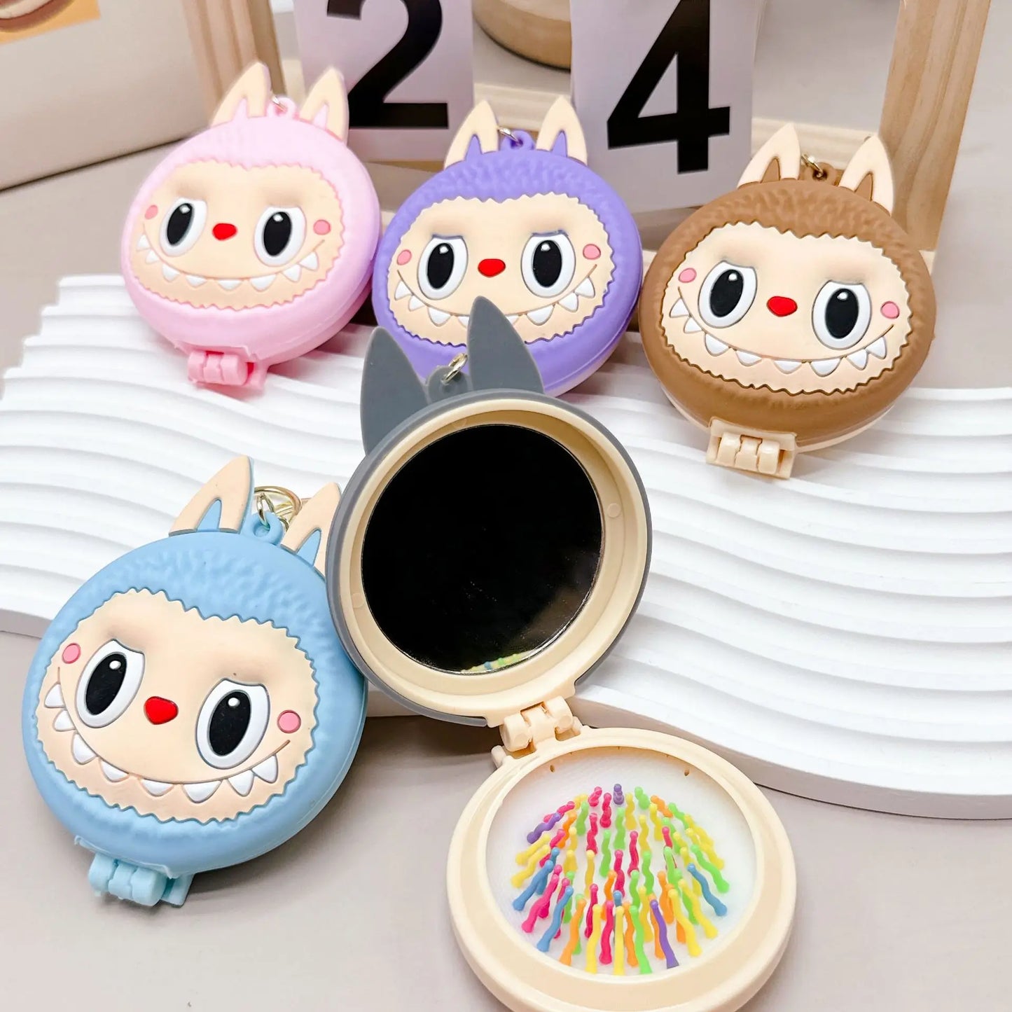 Kawaii Labubu Monsters Zimomo Mococo Comb Mirror Keychain – Cute Portable Air Cushion Comb Gift for Girls