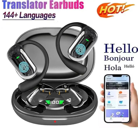 Bluetooth 5.3 AI Translation Earbuds - Open Ear Hook Headphones for Running, Fitness & Real-Time Language Learning