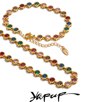 Yhpup Colorful Cubic Zirconia Stainless Steel Luxury Jewelry Set – Waterproof Chain Necklace & Bracelet Gift for Women