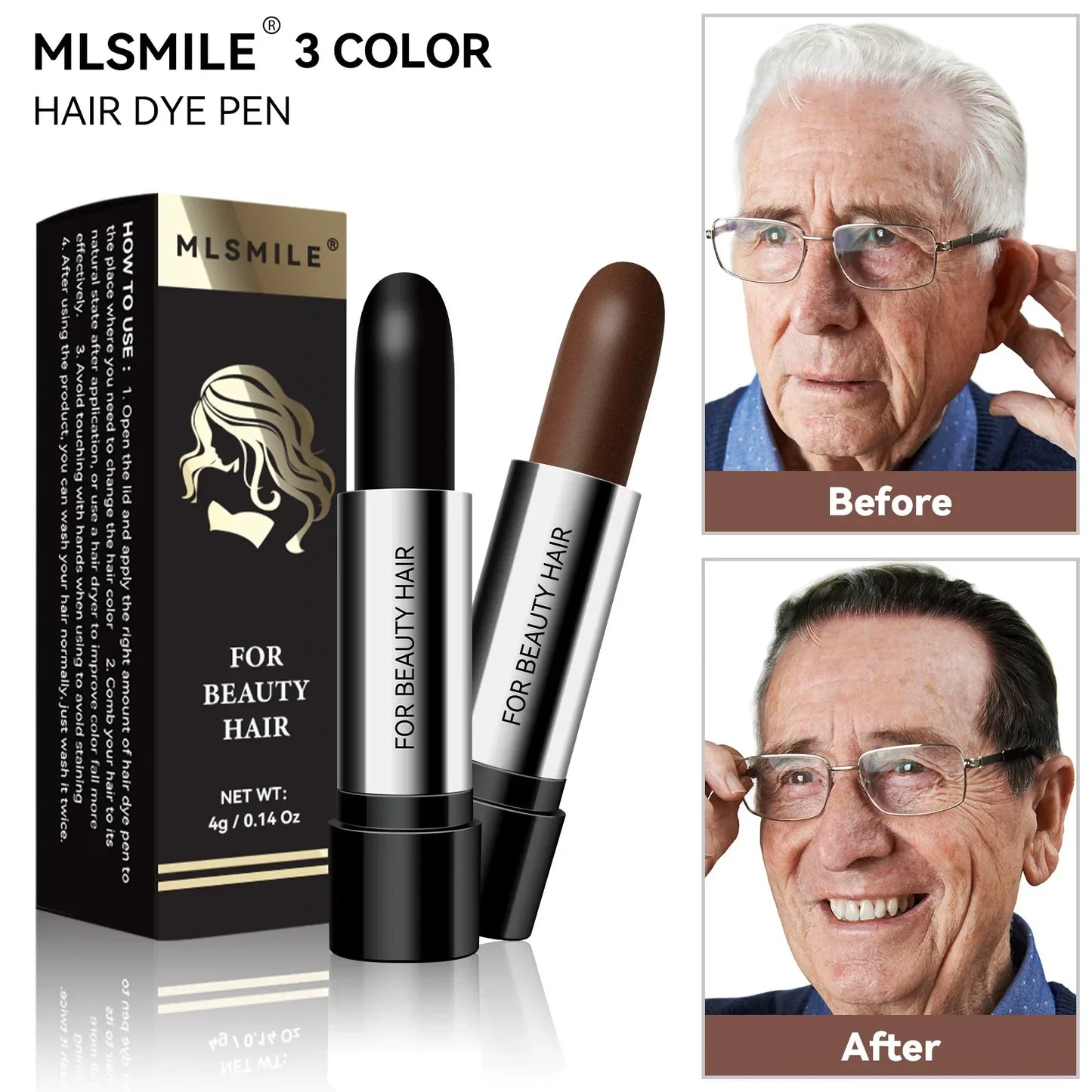 Black & Brown Hair Dye Pen – Temporary One-Time Hair Coloring Stick, Covers Grey & White Hair, Styling & Makeup Tool