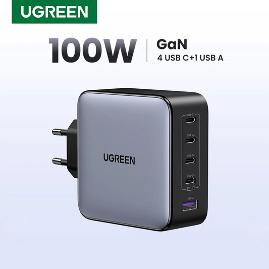 UGREEN 100W GaN 5-Port USB-C Charger – Fast Charger QC4.0/3.0 PPS for MacBook, Laptop, iPhone 16/15/14 Pro, Tablet