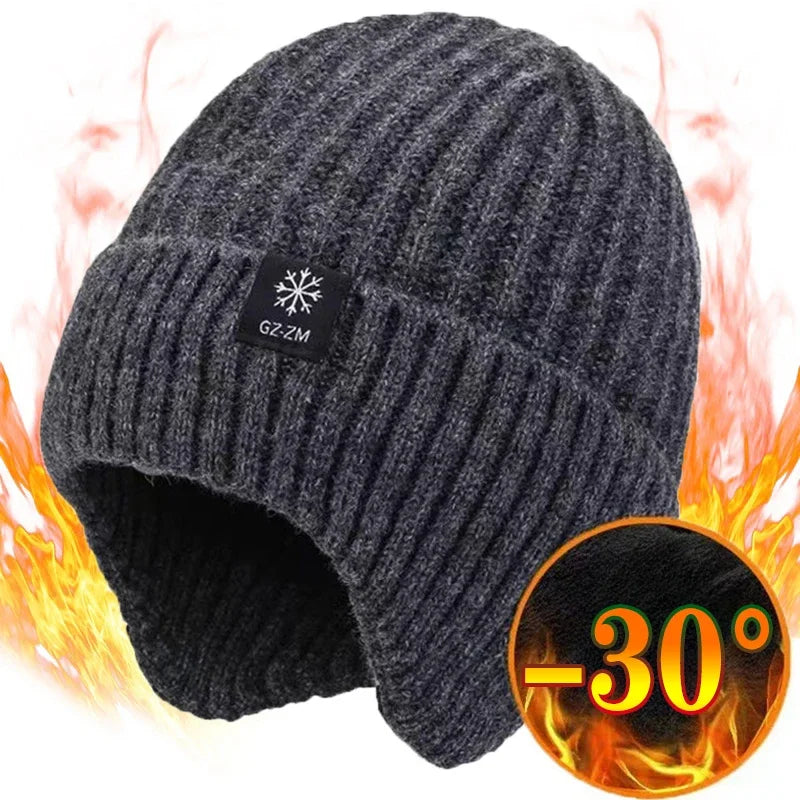 Men’s Outdoor Winter Knitted Hat – Plush Faux Fur Lined Peaked Cap with Earmuffs, Casual Fashion Bomber Hat for Cycling & Ear Protection