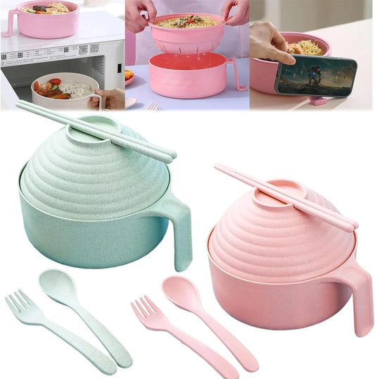 Ramen Bowl Set - Microwavable Noodle Cooker Bowl with Lid, Chopsticks & Kitchen Dining Accessories