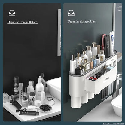 MENGNI Magnetic Inverted Toothbrush Holder with Automatic Toothpaste Squeezer - Wall-Mounted Storage Rack for Bathroom Accessories