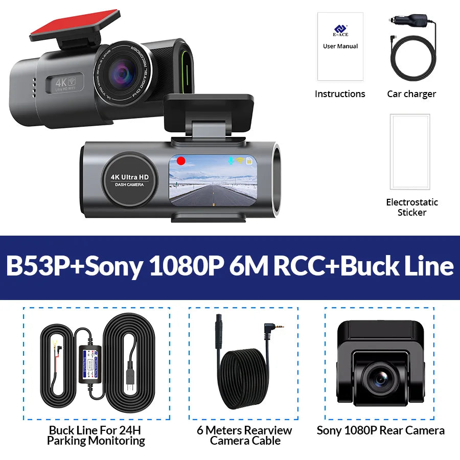 Dual Lens Dash Cam 4K UHD – Car Camera DVR with Night Vision, Wi-Fi, GPS, 24H Parking Monitoring