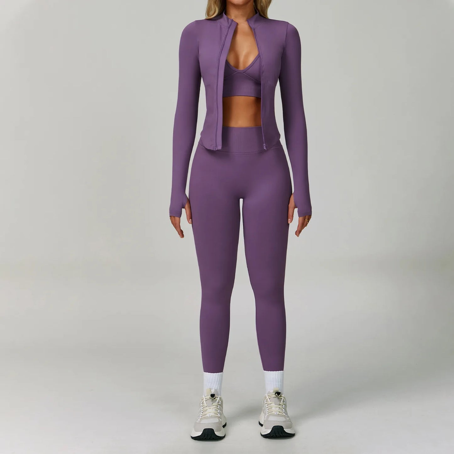 2/3PCS Women’s Seamless Yoga & Gym Set – Push-Up Sports Bra, Long Sleeve Jacket & Workout Leggings