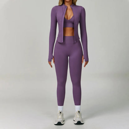 2/3PCS Women’s Seamless Yoga & Gym Set – Push-Up Sports Bra, Long Sleeve Jacket & Workout Leggings