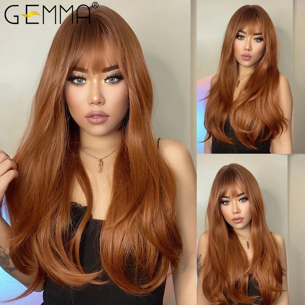 GEMMA Ombre Brown Blonde Synthetic Wig with Bangs – Long Straight Cosplay Wig for Women, High-Temperature Fiber