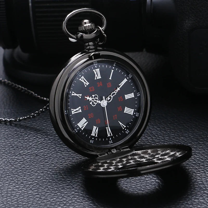 Vintage Black Roman Numeral Pocket Watch - Unisex Steampunk Quartz Necklace Pendant with Chain, Gift Style P427