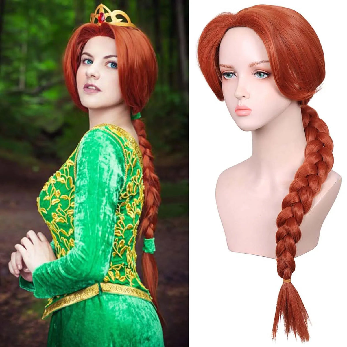 Fiona Princess Long Braided Wig - Reddish Brown Synthetic Hair for Halloween Cosplay & Parties