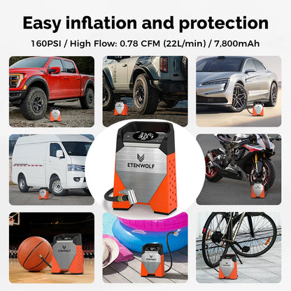ETENWOLF ZEPHYR S3 Tire Inflator - 160 PSI Portable Air Compressor with 7800mAh Battery