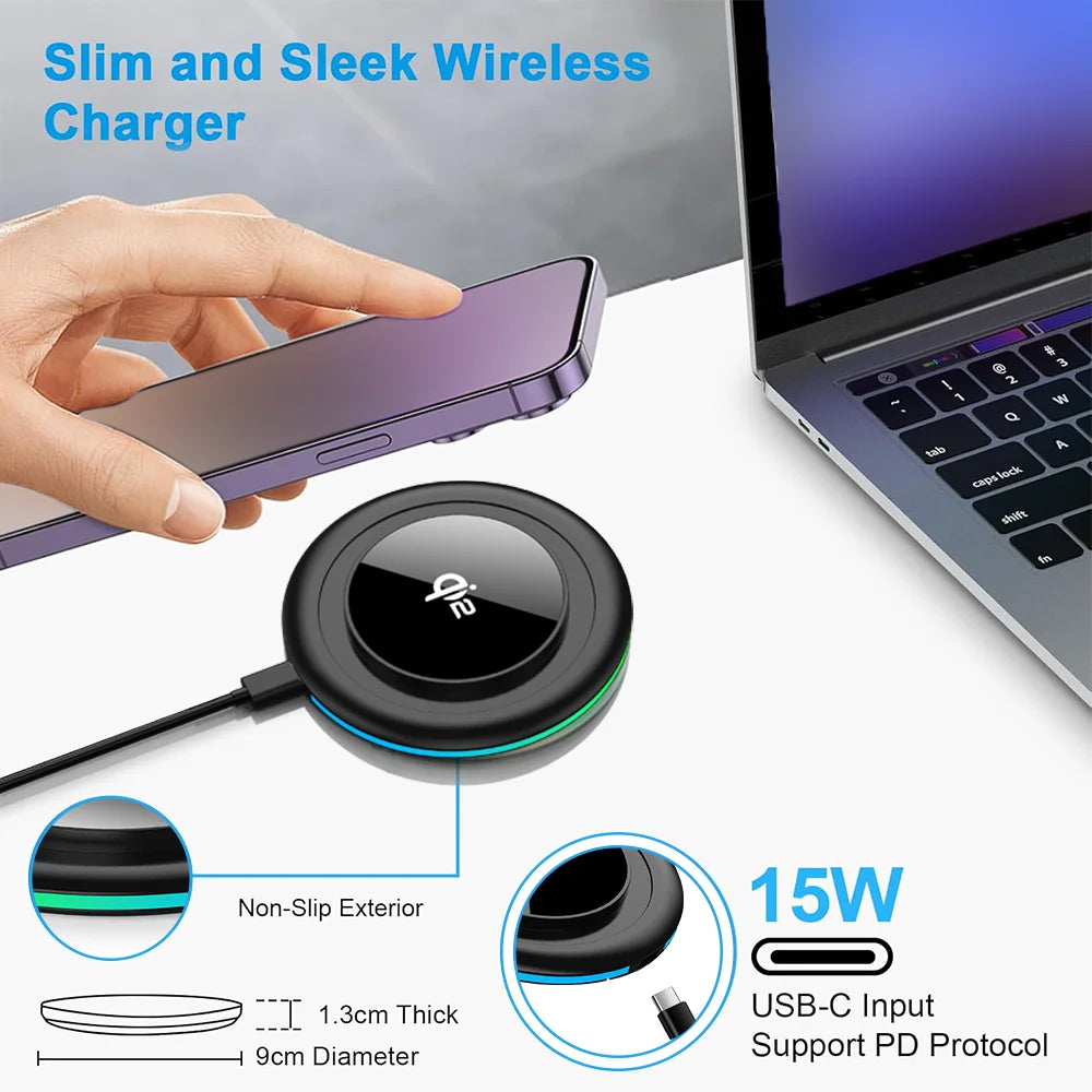 Desktop Wireless Charging Station with Type-C Cable and LED Light - Fast Charger for iPhone 12–17, Samsung Galaxy S24/S25, Xiaomi and Huawei