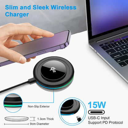 Desktop Wireless Charging Station with Type-C Cable and LED Light - Fast Charger for iPhone 12–17, Samsung Galaxy S24/S25, Xiaomi and Huawei