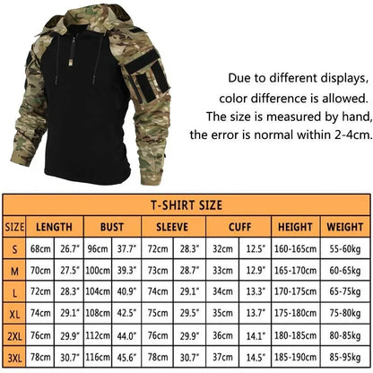 Men’s Tactical Camo Hooded Combat Shirt – Durable Cotton Airsoft & Paintball Hunting Outdoor Wear-Resistant Military Style T-Shirt