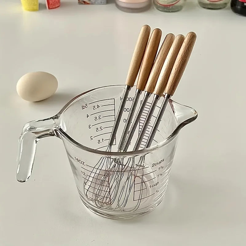 Mini Stainless Steel Whisk — Egg Beater and Milk Frother with Solid Wood Handle for Blending and Beating