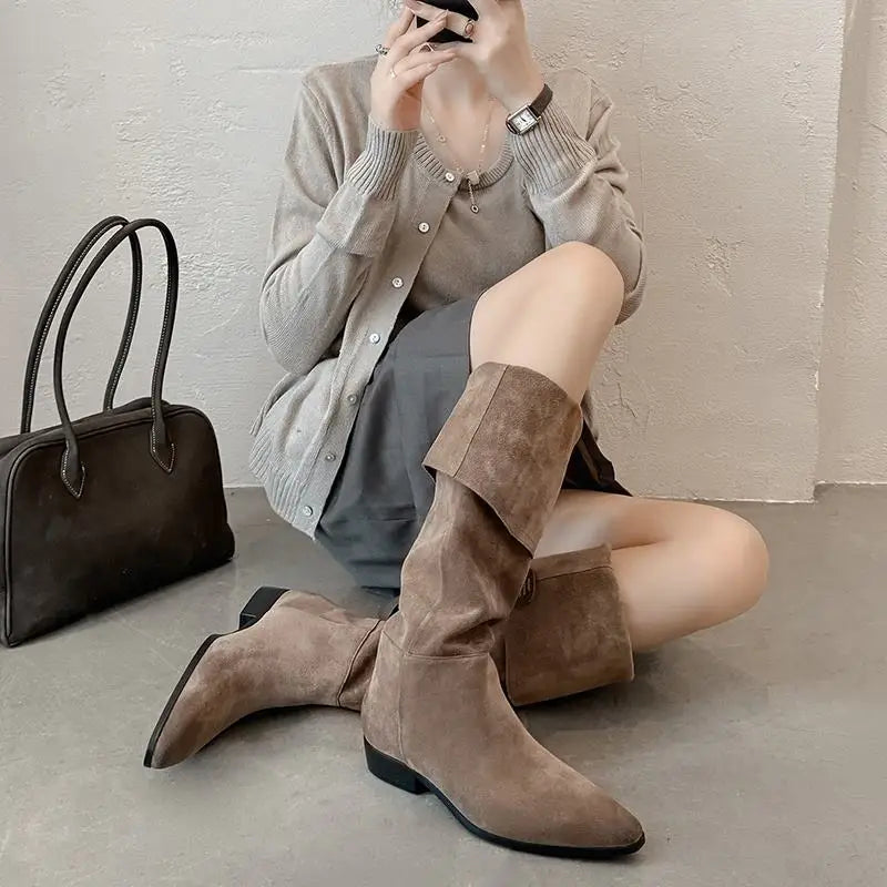 MORAZORA Women’s Cow Suede Knee-High Boots – Pointed Toe, Low Square Heel, Autumn Winter Long Boots, Size 34-41
