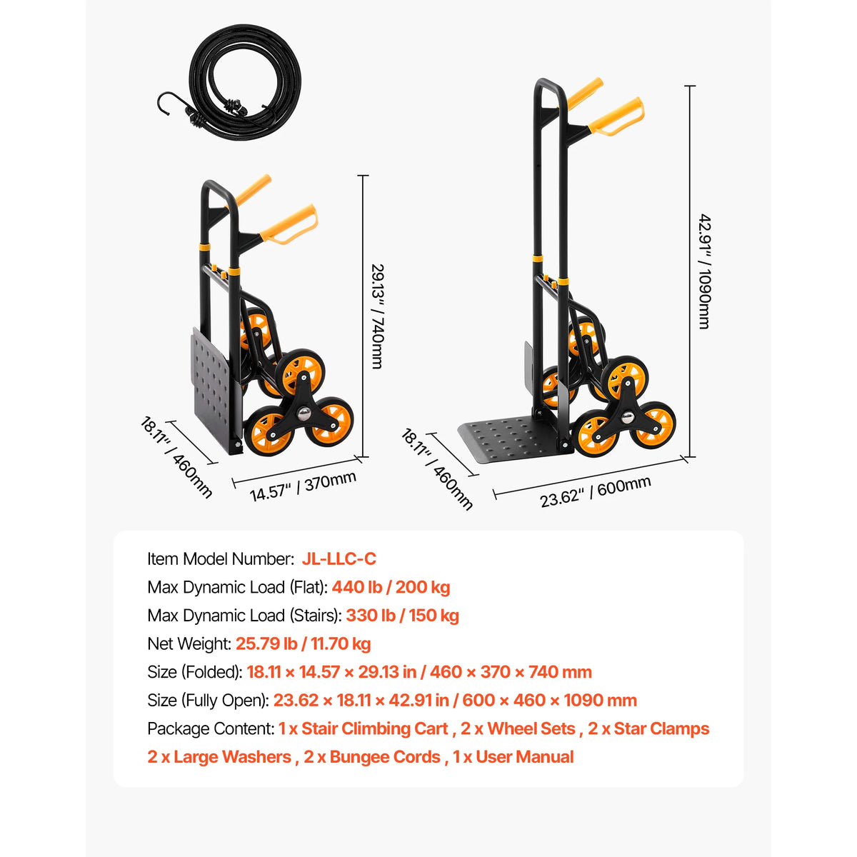 Stair Climbing Cart - Folding 6-Wheel Grocery Trolley with Telescoping Handle & Bungee Cords