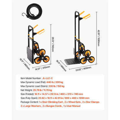 Stair Climbing Cart - Folding 6-Wheel Grocery Trolley with Telescoping Handle & Bungee Cords