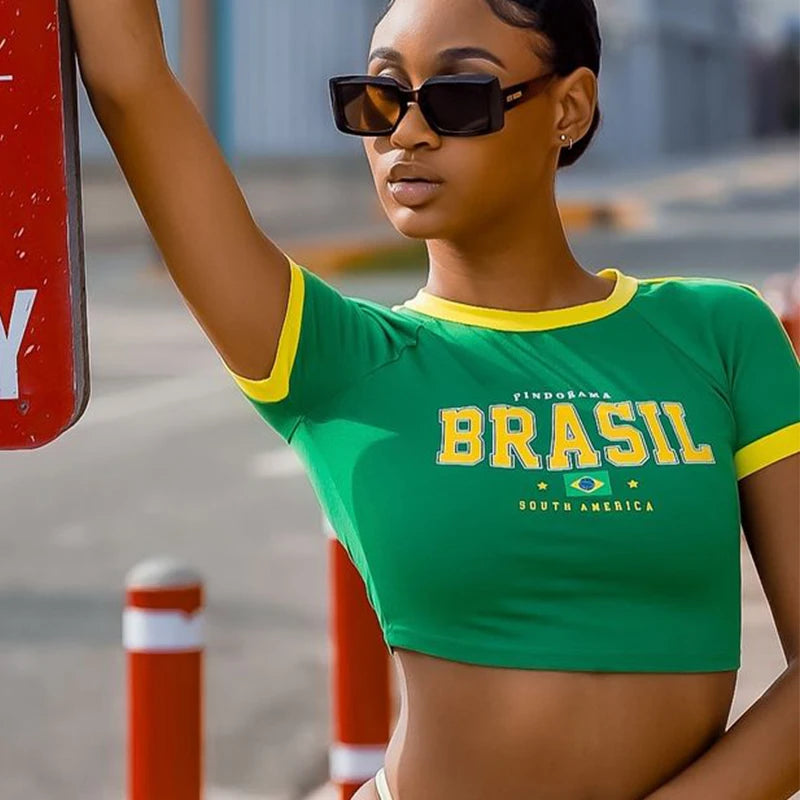 Women’s Summer Crop Top T-Shirt – Brazil Letter Print O-Neck Short Sleeve Casual Streetwear Tee 2026 Beach Fashion