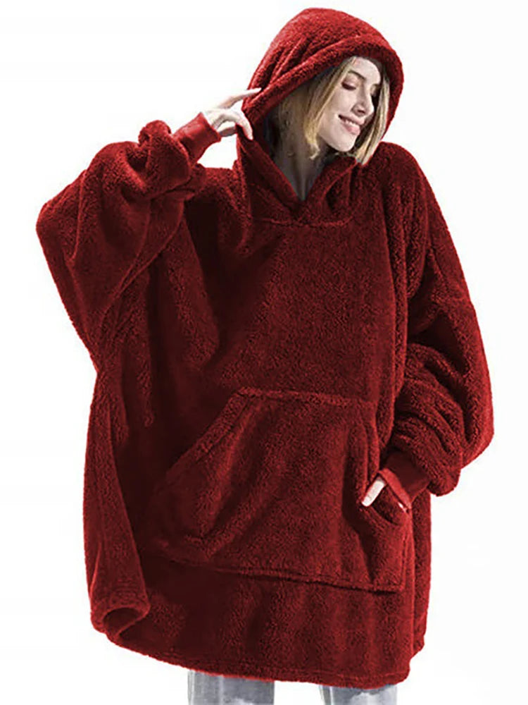Oversized Fleece Hoodie Blanket - Warm Double-Faced Sherpa Robe with Large Pocket for Women & Men
