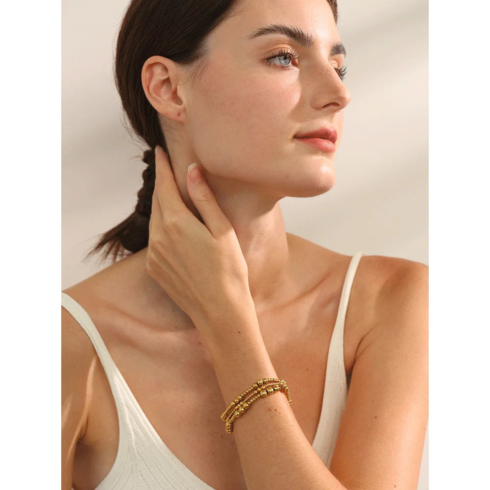 Yhpup Stainless Steel Beaded Elastic Bracelet – Waterproof Gold Tone Handmade Bangle, 3–6mm Unisex Daily Jewelry Wholesale Wristwear
