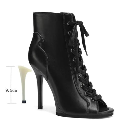 Women’s Genuine Leather Dance Boots - European Style Open Toe Thin High Heel Jazz Dance Shoes