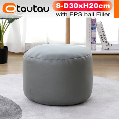 OTAUTAU Small Round Faux Leather Ottoman Stool – Beanbag Pouf Footstool, Floor Seat & Footrest JD004