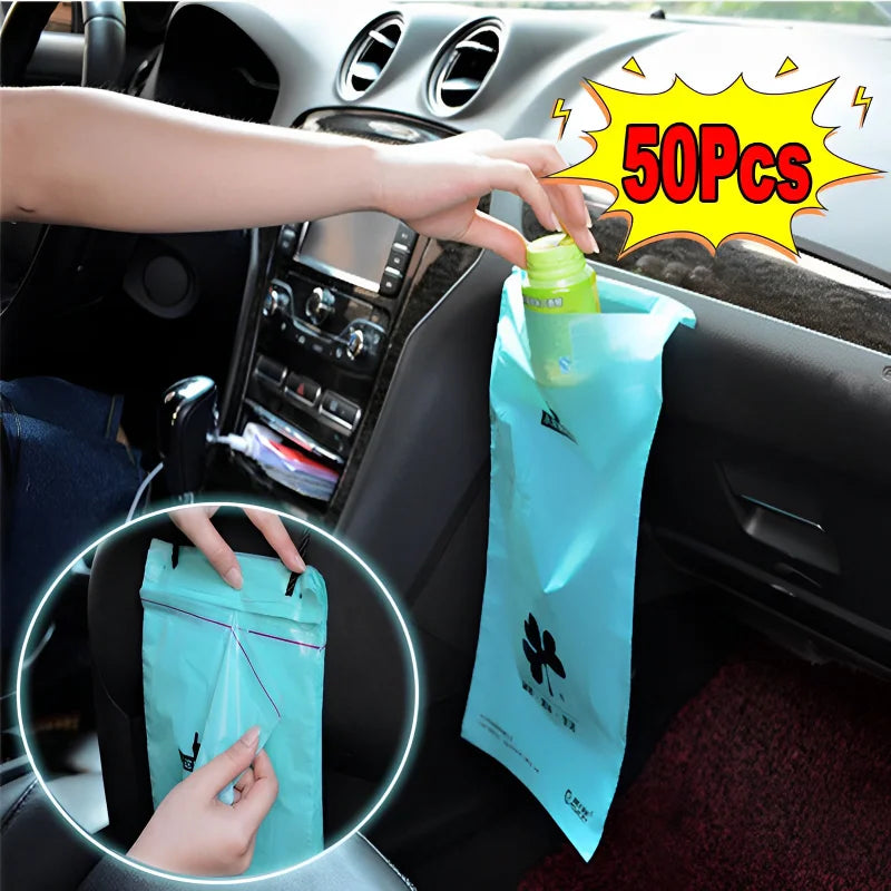 50Pcs Disposable Self-Adhesive Car Garbage Bags - Biodegradable Rubbish Bin Hanging, Waterproof, Home Kitchen Trash Storage Bag