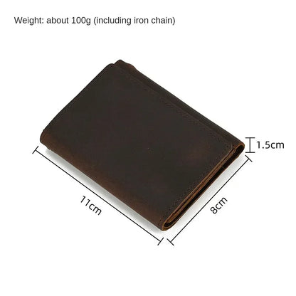 Men's Genuine Leather Short Wallet with Chain – Zipper Clutch, Trifold Purse, Card Holder & Coin Purse for Men