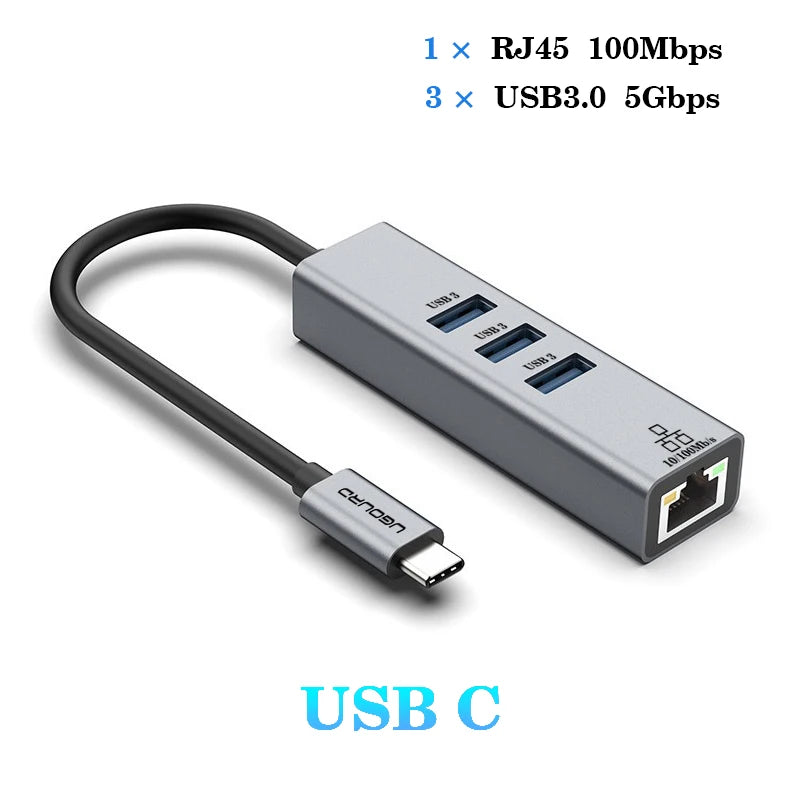 USB-C Hub Docking Station – Type C to RJ45 1000Mbps Ethernet Adapter, USB 3.0 Hub, 100W Charging Dock
