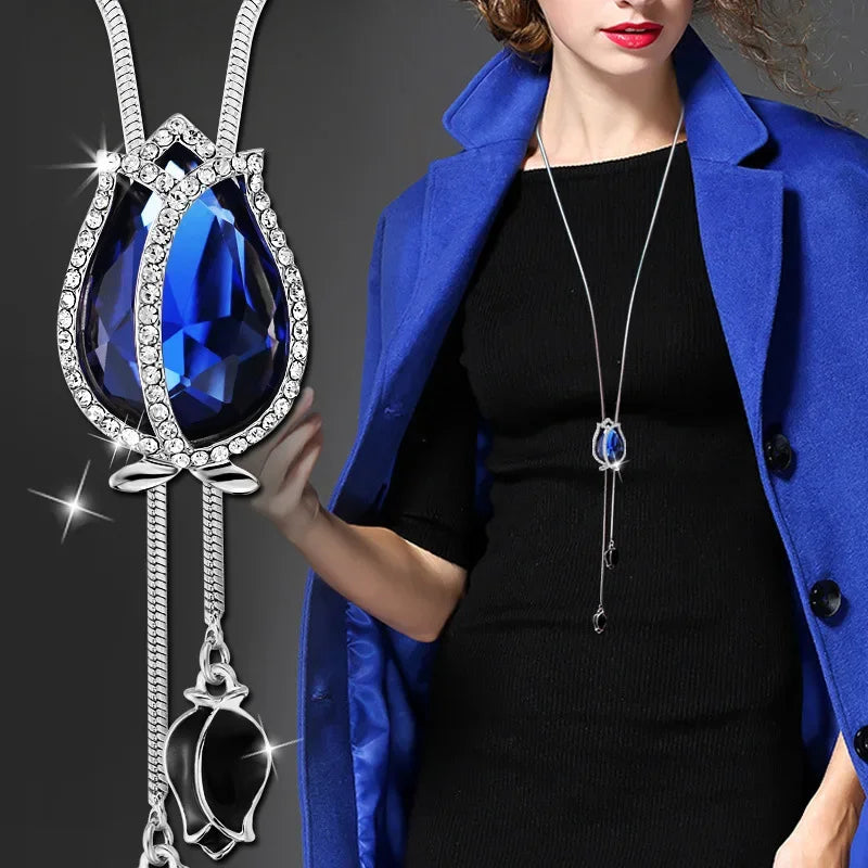 Opal Tulip Long Sweater Necklace – Elegant Floral Pendant Chain for Women Autumn Winter Fashion Accessories