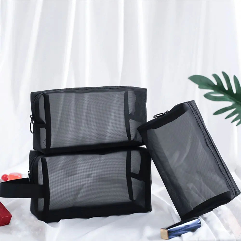Travel Black Mesh Cosmetic Bag — Zipper Makeup & Toiletry Organizer for Women, Portable Storage Pouch