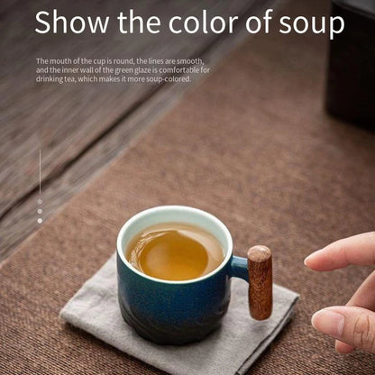 80ML Handmade Ceramic Coffee Cup with Wooden Handle - Office Tea Mug with Filter, Perfect Birthday Gift