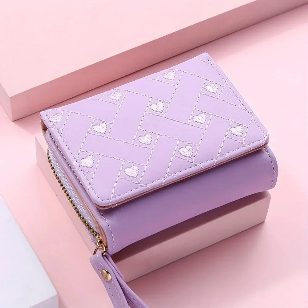 Women's Embroidered Love Zero Wallet - Large Capacity, Zipper and Buckle Closure, Fashionable Card Holder