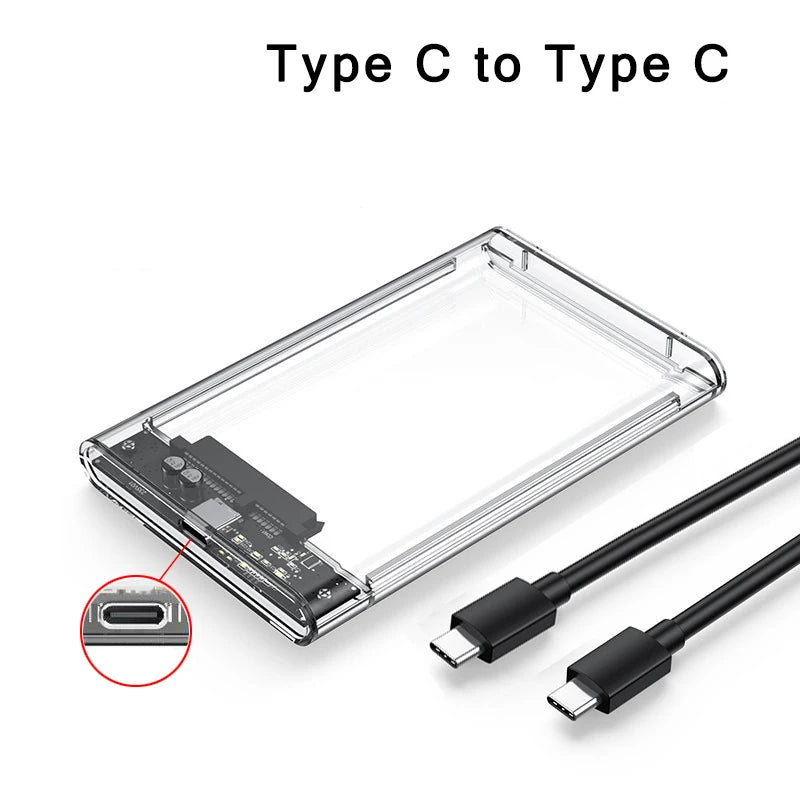 Clear 2.5 Inch SATA SSD HDD Enclosure - USB 3.0 Type-C External Hard Drive Case with UASP Support