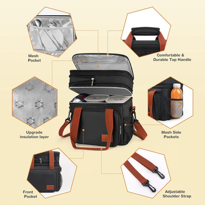Expandable 17L Insulated Double-Decker Lunch Bag – Leakproof Cooler Tote with Side Pocket for Work, Picnic, Camping & Travel