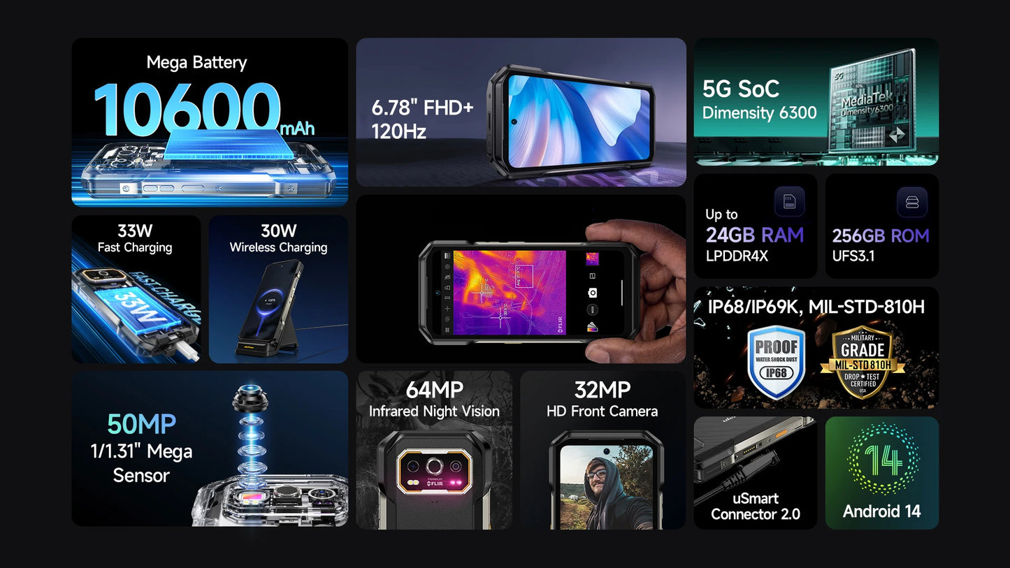 Ulefone Armor 27T Pro 5G Rugged Phone - 10600mAh, Android 14, 50MP+64MP Night Camera, 6.78" Display, 24GB+256GB, NFC