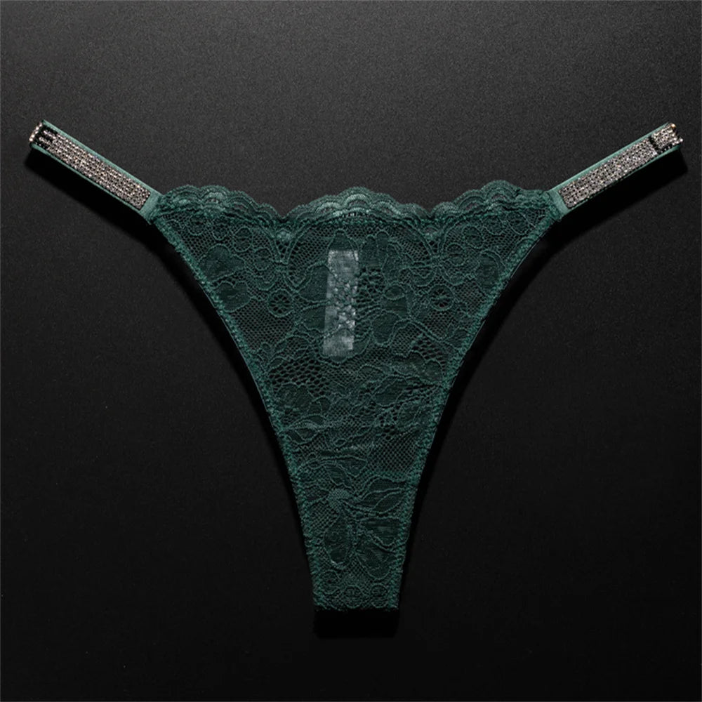Women's Crystal Lace Thong - Sheer Transparent Breathable T-Back Lingerie Plus Size S-XL