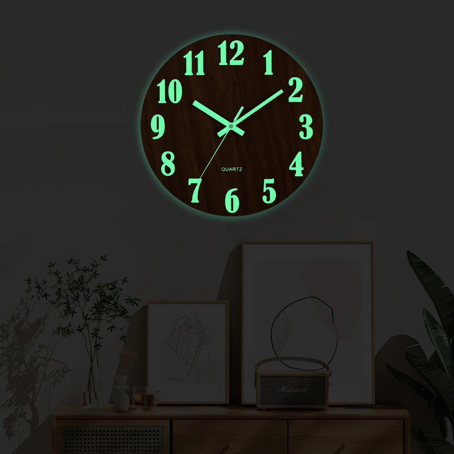 12-Inch Luminous Wall Clock — Nordic Wooden Silent Clock with Night Light, Non-Ticking Design for Dark Room