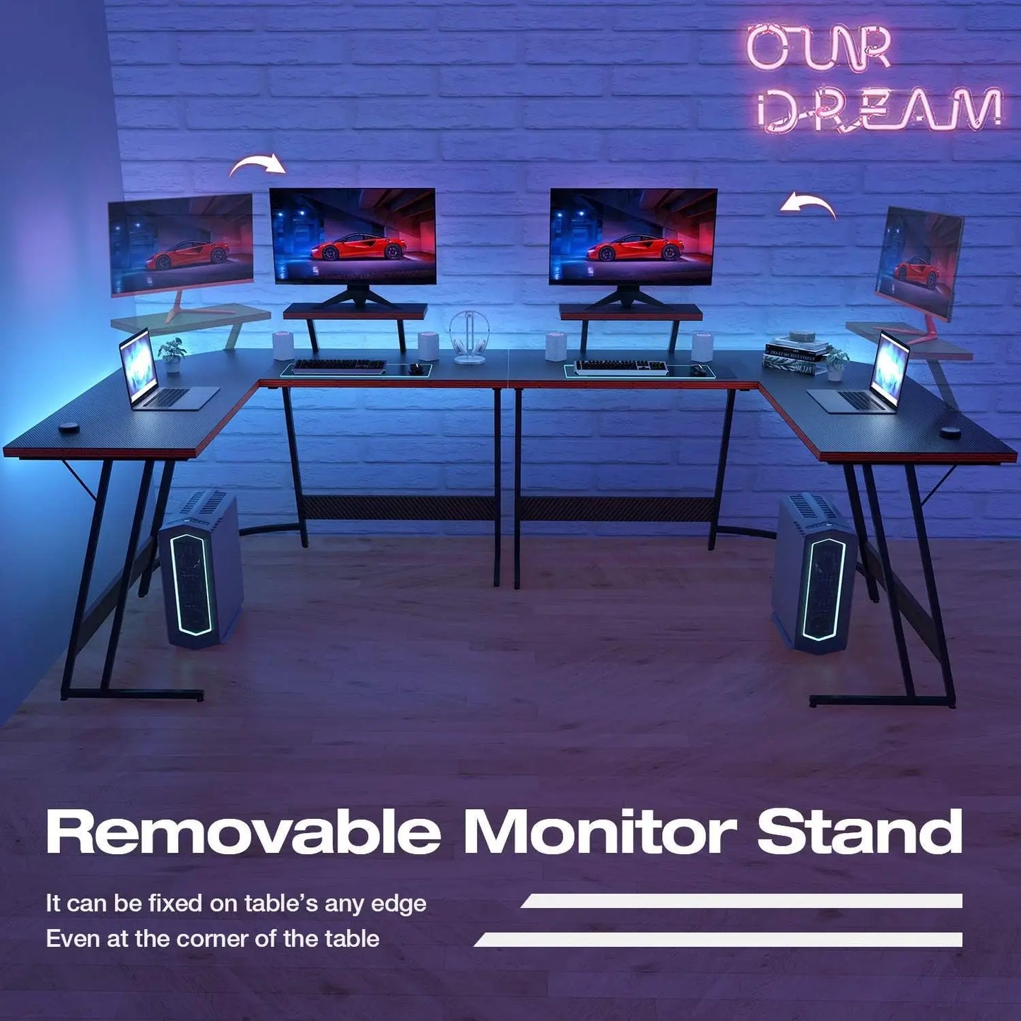PC Gaming Desk with Large Monitor Riser – L-Shaped Corner Desk, Sturdy Writing Workstation for Office & Computer