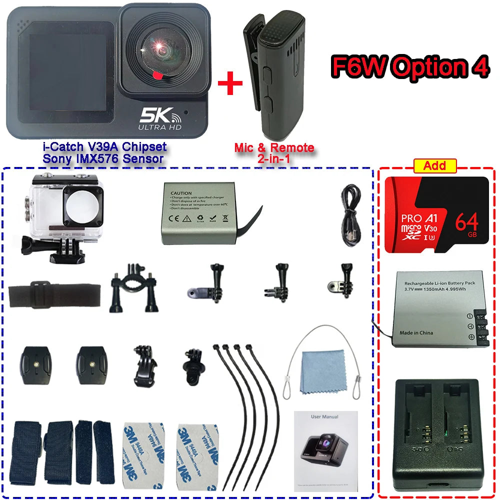 F6W Action Camera — 5K/4K60FPS, 48MP, 2.2" Touch LCD, EIS, Dual Screen, Wi-Fi, 170° Waterproof 30M, 8X Zoom Sports Camera with Wireless Mic