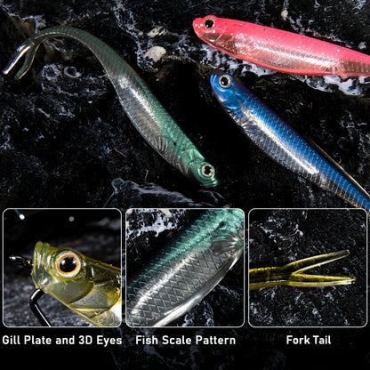 Dr.Fish 5/6pcs Soft Fishing Lures — Saltwater Silicone Fork Tail Drop Shot Baits for Bass, Trout, Pike, Walleye, Weedless