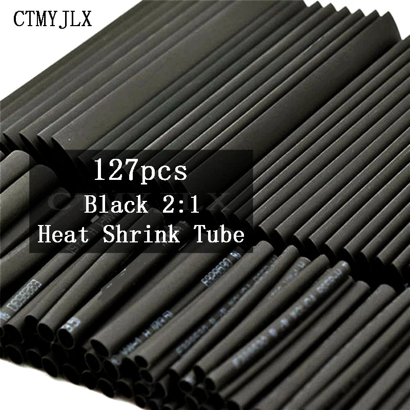 127PCS Thermoresistant Black Heat Shrink Tubing Kit - 2:1 Polyolefin Sleeving for Wire & Cable Protection