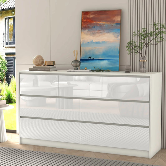 55-Inch Modern 7-Drawer Dresser – High Gloss White/Black Wooden Chest for Bedroom Storage
