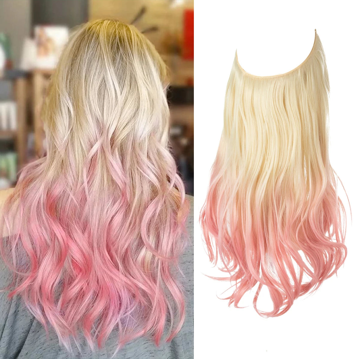 Synthetic Ombre Hair Extension - One Piece Invisible Wire Long Wavy Clipless False Hairpiece Black Blonde Pink