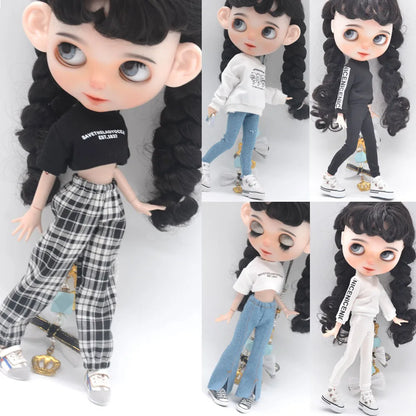 Blythe Doll Clothes – Fashion Tops, Black & White Shirts with Jeans & Plaid Pants for Azone OB22/OB24 Dolls