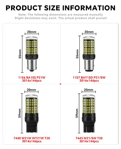 YiRui 2PCS 12-48V LED Bulbs - 144SMD Bright Reverse & Turn Signal Lights for BA15S, 7440, 1157 & P21W Sockets