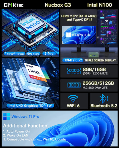 GMKtec G3 Mini PC – Intel Alder Lake N100, Windows 11 Pro, 8/16GB DDR4, 256/512GB PCIe SSD, WiFi 6, BT5.2 Desktop Computer