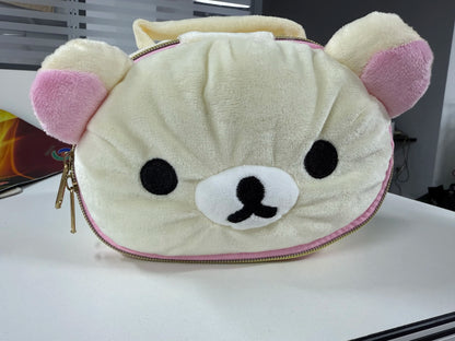 Cute Bear Plush Makeup Bag - Soft Cartoon Elliptical Storage Pouch for Girls Travel & Daily Essentials