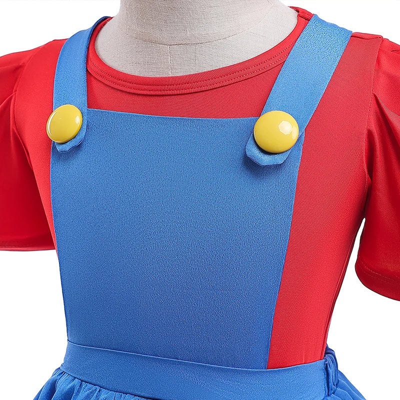 Girls Super Bros Cosplay Dress Set - Puff Sleeve Halloween & Birthday Party Costume